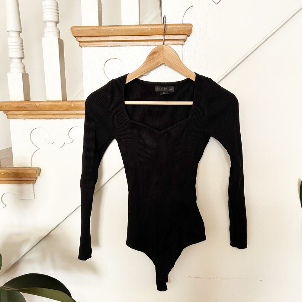 House of Harlow Black Ribbed Thong Bodysuit Sweetheart Neckline Size S Small